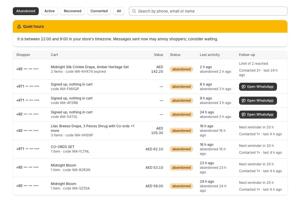 Abandoned carts list with cart contents, unique codes, status, last activity and Open WhatsApp buttons