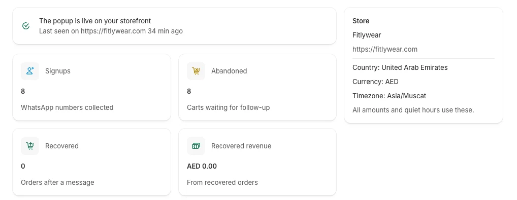 App home page showing the popup is live, signups, abandoned carts, recovered orders and recovered revenue