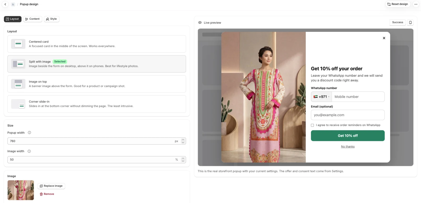Popup designer with the split layout selected and a live preview of the popup with a product photo