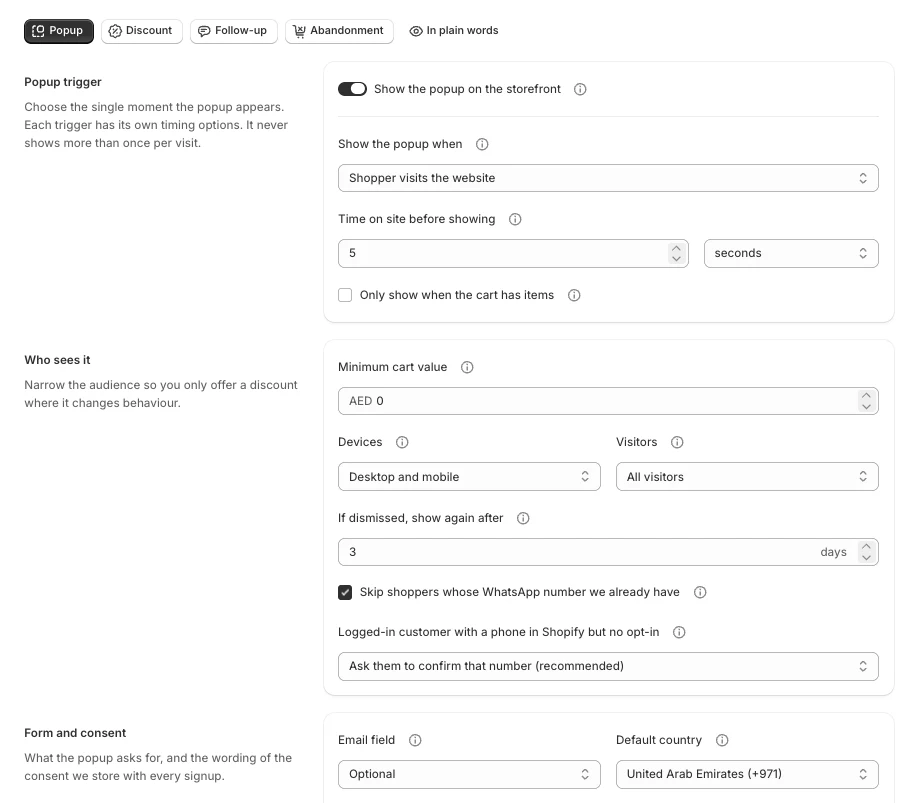 Popup settings: trigger, time on site, minimum cart value, devices, visitors and default country
